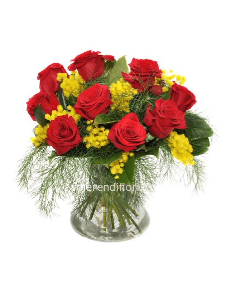 Bouquet rose rosse mimosa 